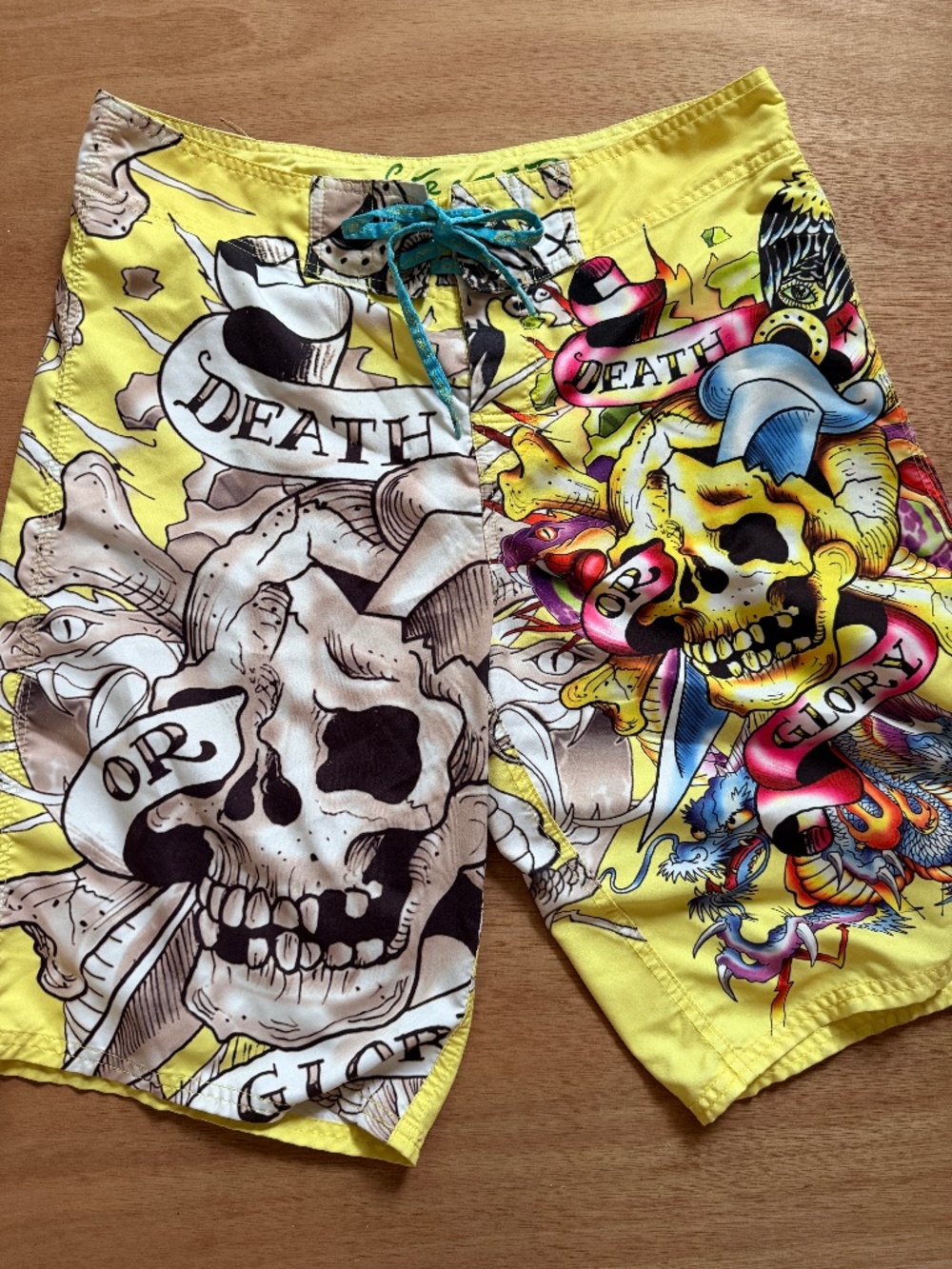 Ed Hardy Death or Glory swim trunks men's size 33 skull dragon board shorts